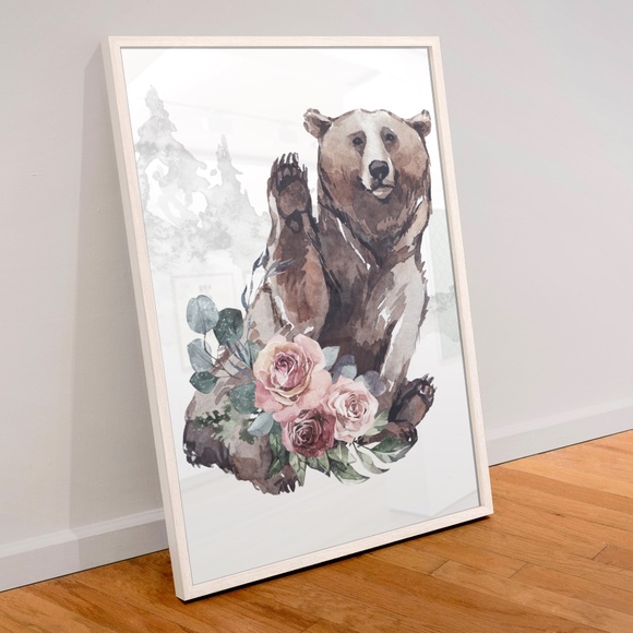 Watercolor Floral Bear Wall Art Print Poster Unframed - Picture 2 of 10